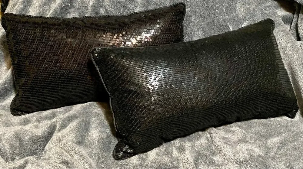 Set of 2 beautiful classy sequin & satin lumbar size decorative throw pillows